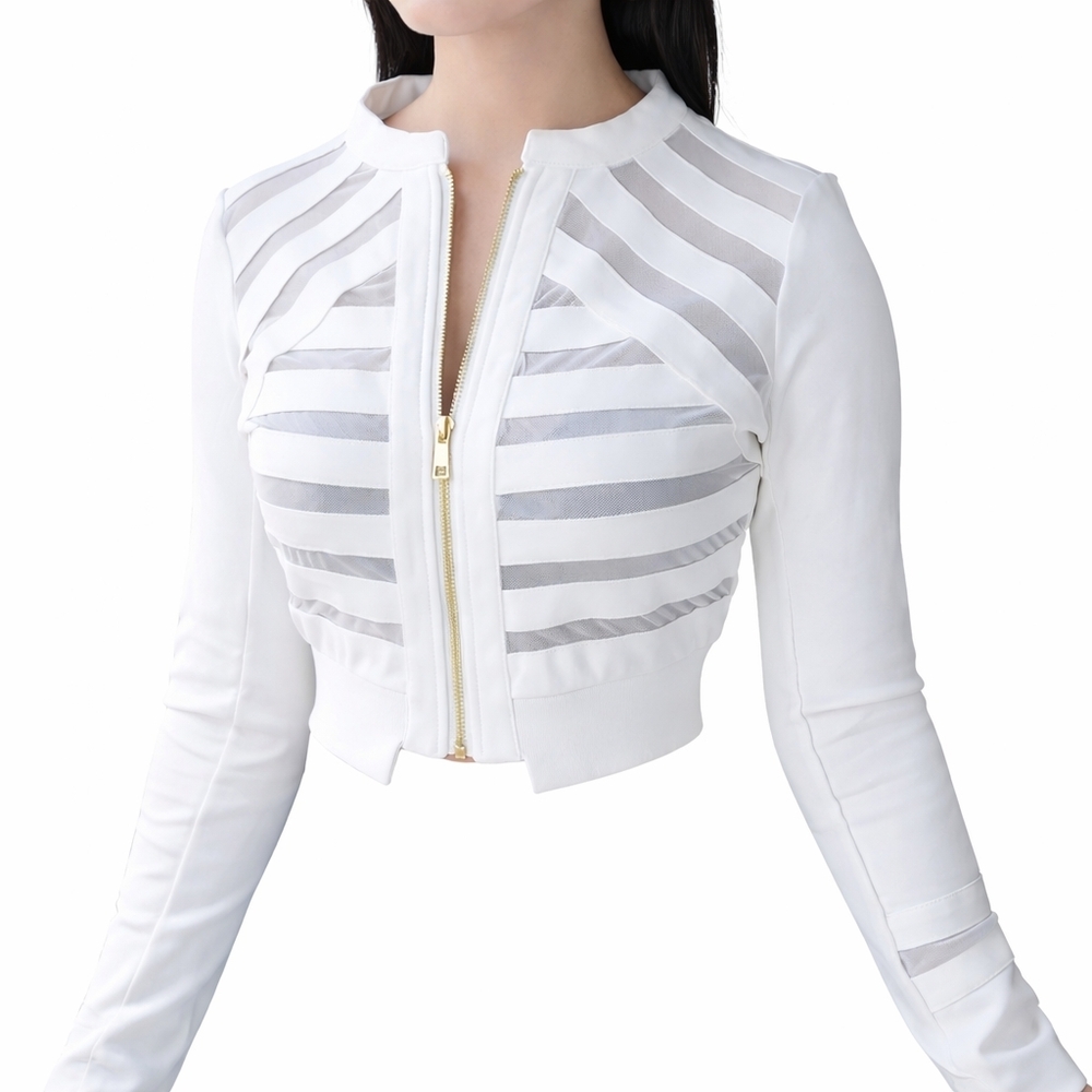 White Cropped Jacket with Mesh Panels & Gold Zipper